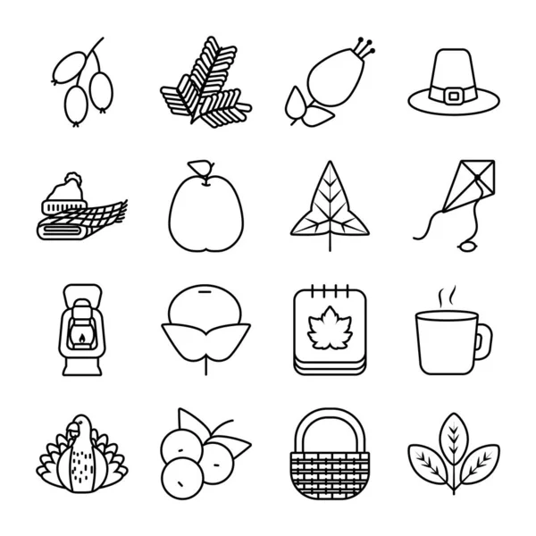 Icono conjunto de otoño y cesta, estilo de línea — Vector de stock