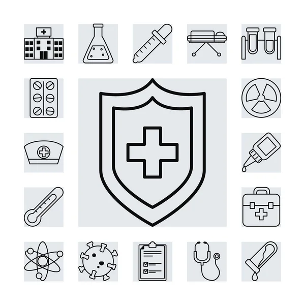 Set ikon dari vaksin dan perisai, gaya baris - Stok Vektor