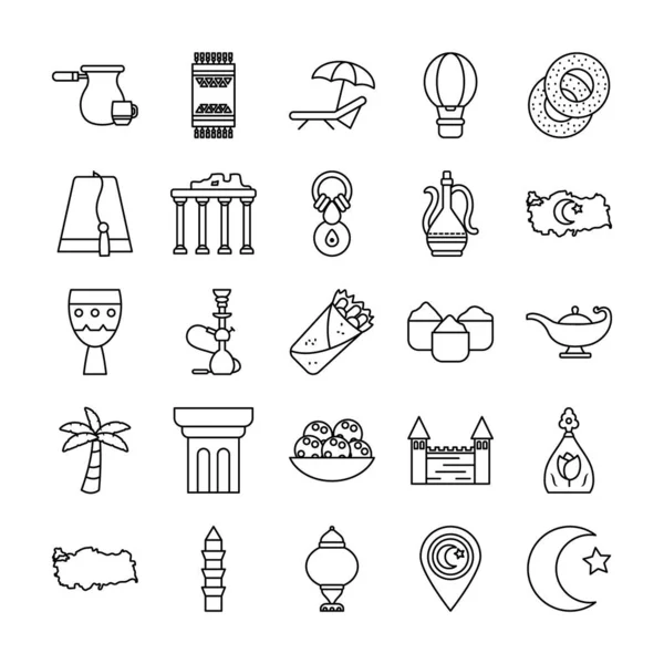 Icon set of turkey country and arabian lamp, line style — Stock Vector
