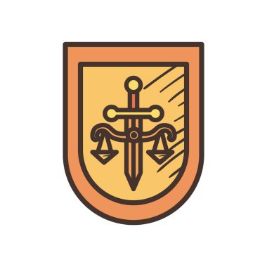 Kalkan çizgisinde kılıç ve biçim ikon vektör tasarımı ile kanun ölçekleri