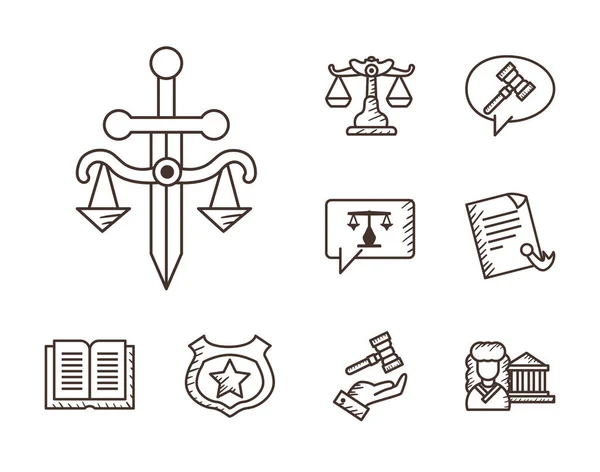 Droit et justice ligne style set icônes conception vectorielle — Image vectorielle