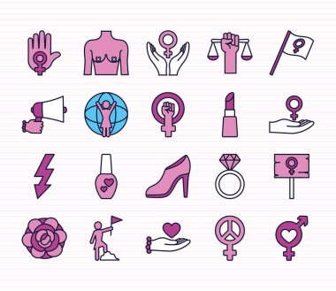 feminizm ve kadın simgesi seti, çizgi ve doldurma biçimi