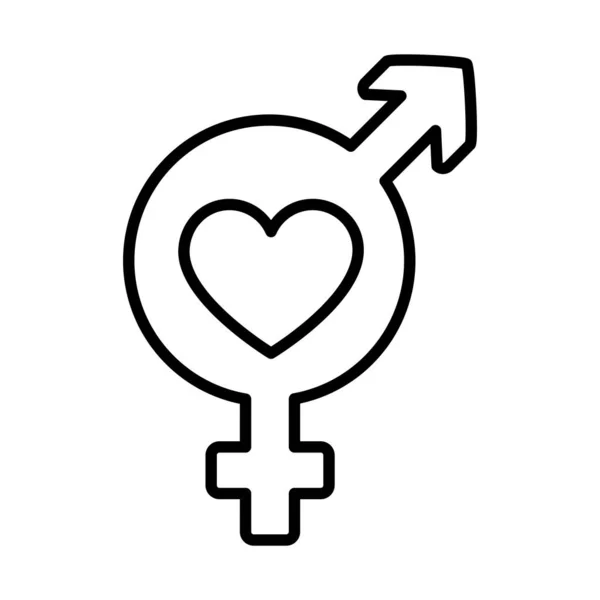 Ženský a mužský symbol pohlaví s ikonou srdce, styl čáry — Stockový vektor