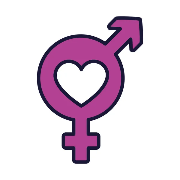 Ženský a mužský symbol pohlaví s ikonou srdce, linií a stylem výplně — Stockový vektor
