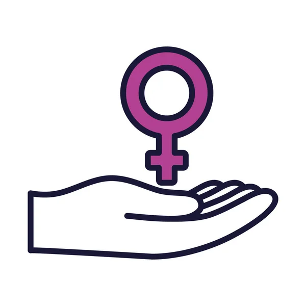 Χέρι κρατώντας ένα θηλυκό σύμβολο φύλου εικονίδιο, γραμμή και στυλ πλήρωσης — Διανυσματικό Αρχείο