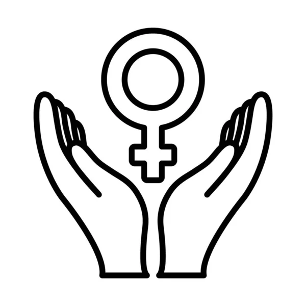 女性の性別記号のアイコンと線のスタイルで手を開き — ストックベクタ