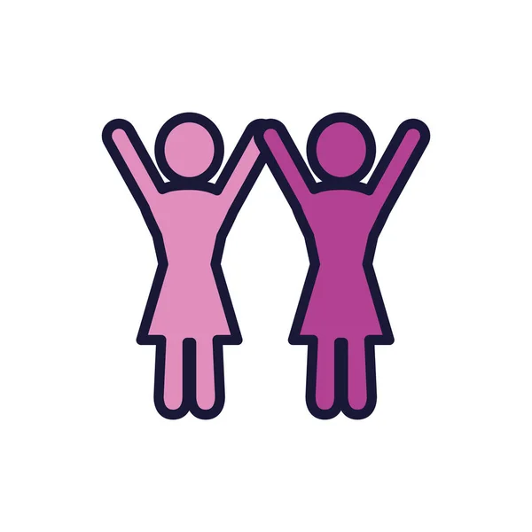 Pictogramme deux femmes avec les bras levés, ligne et le style de remplissage — Image vectorielle