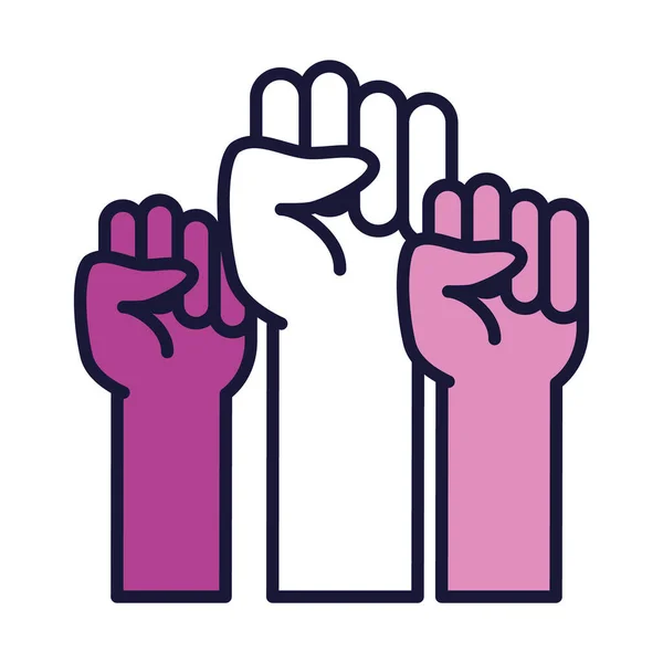 Feminism concept, fists of women up, line and fill style — Stock Vector