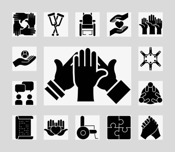 Icono conjunto de la inclusión y la mano, estilo de silueta — Vector de stock