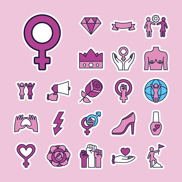 Eller ve feminizm simgesi seti, çizgi ve dolgu biçimi