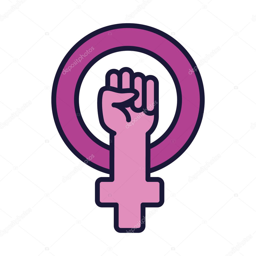 feminism symbol, female gender symbo with clenched fist, line and fill style