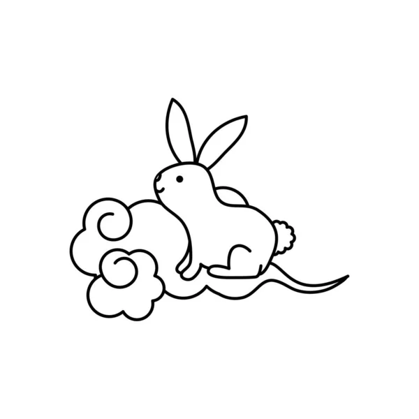 可爱的兔子和东方云图标,线条风格 — 图库矢量图片