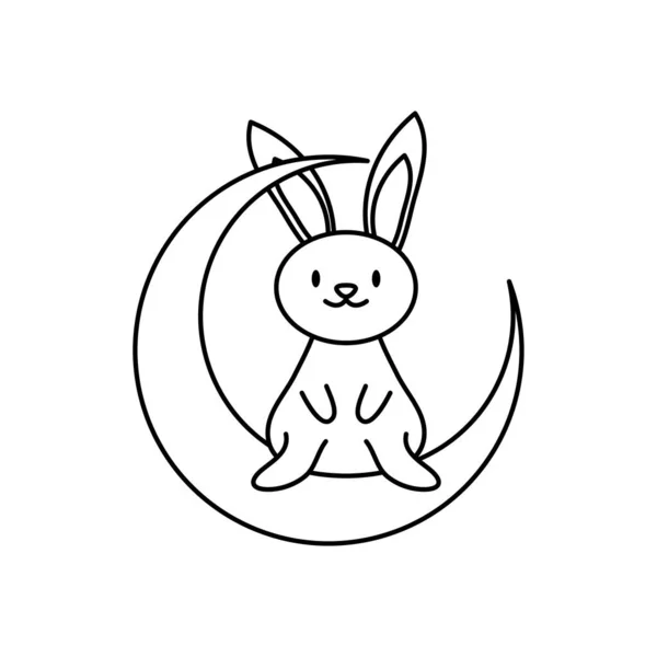月亮上可爱的兔子图标，线条风格 — 图库矢量图片
