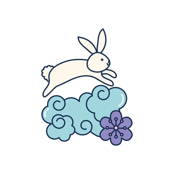 Orientaliska moln, blomma och söt kanin, linje fylla stil — Stock vektor