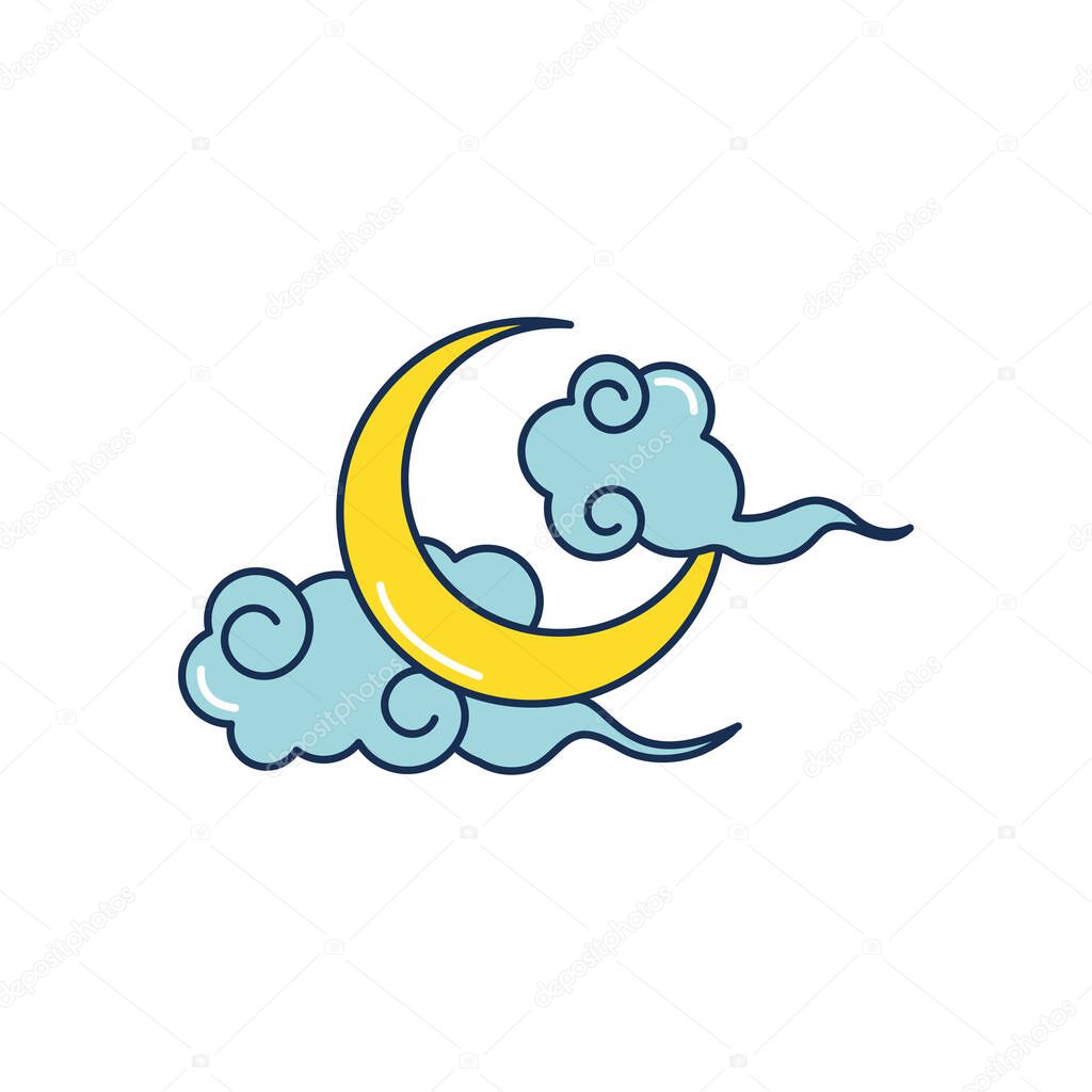 mid autumn concept, oriental clouds and moon icon, line fill style