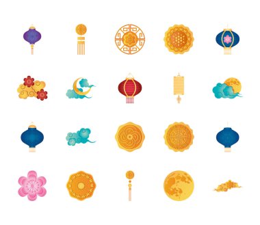 Çin feneri ve sonbahar ortası ikonu seti, ayrıntılı stil