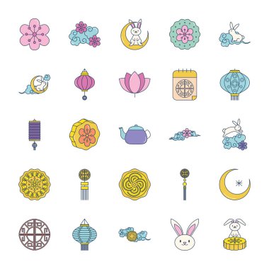 Sonbahar ortası ve çizgi film tavşan ikonu seti, satır doldurma tarzı