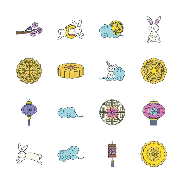 Conjunto de ícones de coelhos bonitos e meados do outono, estilo de preenchimento de linha — Vetor de Stock