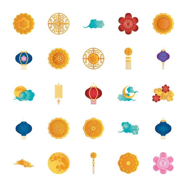 Charmes chinois et jeu d'icônes mooncakes, style détaillé — Image vectorielle