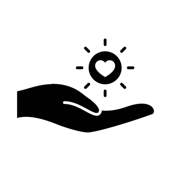 Mano y sol con icono del corazón, estilo silueta — Archivo Imágenes Vectoriales