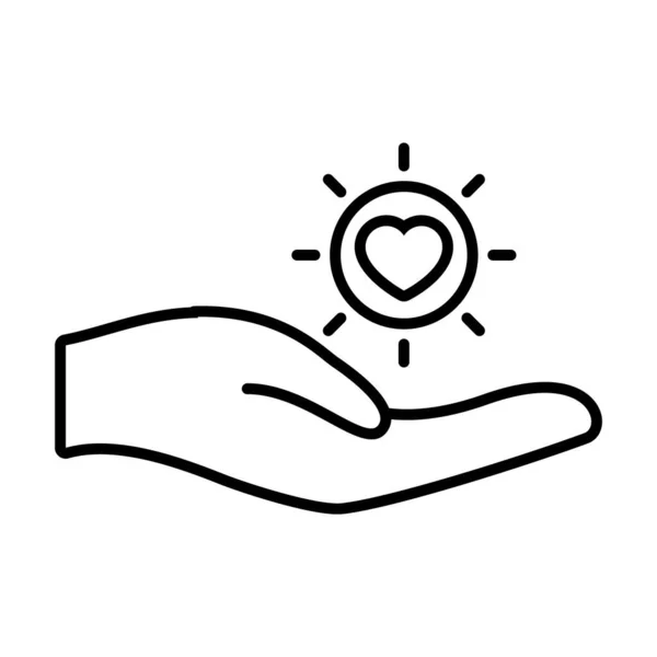 Mano y sol con icono del corazón, estilo de línea — Vector de stock