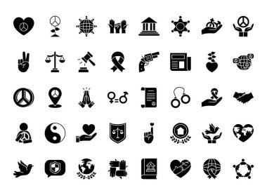 Adalet ve insan hakları simgesi seti, siluet biçimi