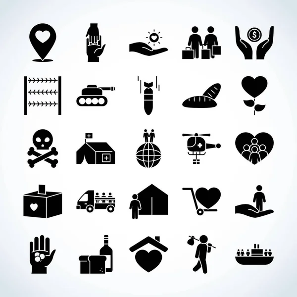 Corazones y refugiados icono conjunto, estilo silueta — Vector de stock