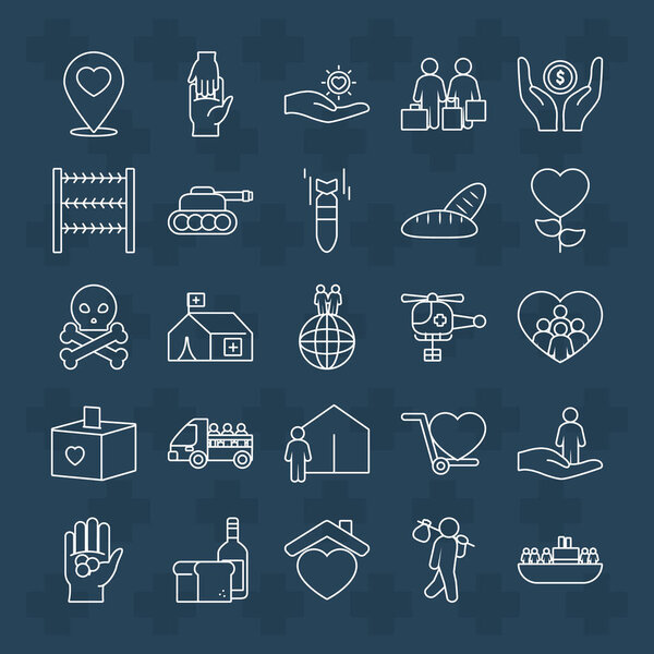 hearts and refugee people icon set, line style