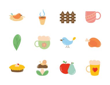 Kahve fincanları ve sonbahar ikonu seti, düz stil.