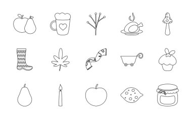 Sonbahar ve meyvelerin ikon seti, satır biçimi