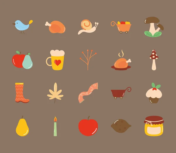 Icône ensemble de poulet rôti et d'automne, style plat — Image vectorielle