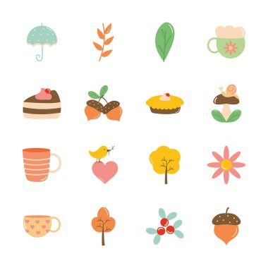 Ağaçlar ve sonbahar simgesi seti, düz stil