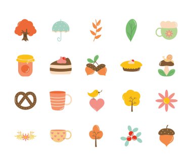 çiçekler ve sonbahar simgesi seti, düz stil