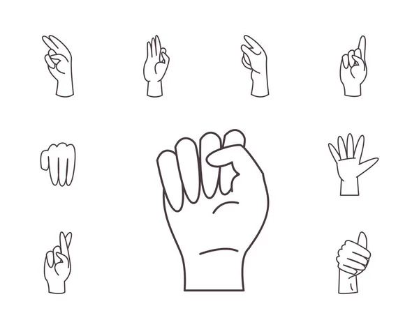 Mano lenguaje de señas alfabeto línea estilo conjunto iconos vector diseño — Vector de stock