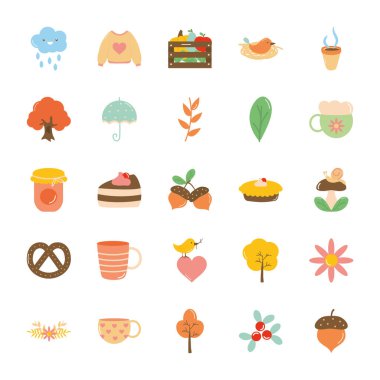 şemsiye ve sonbahar simgesi seti, düz stil