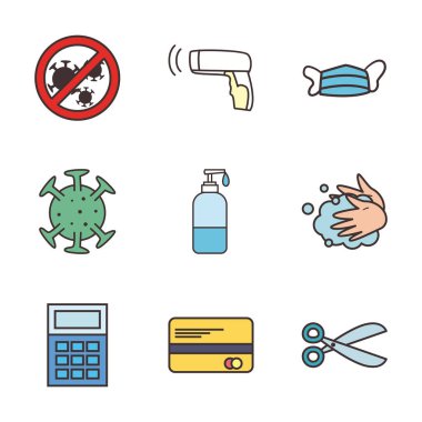 Alışveriş ve covid 19 satır ve biçim ikonu set vektör tasarımı