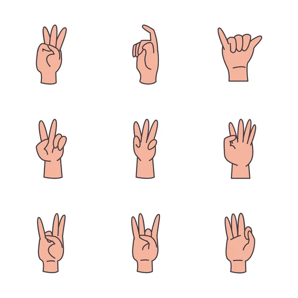 Línea de alfabeto de lenguaje de señas de mano e iconos de estilo de relleno colección vector diseño — Vector de stock