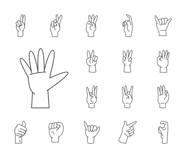 Χέρι νοηματική αλφάβητο γραμμή στυλ συλλογής εικονίδια διανυσματικό σχεδιασμό — Διανυσματικό Αρχείο
