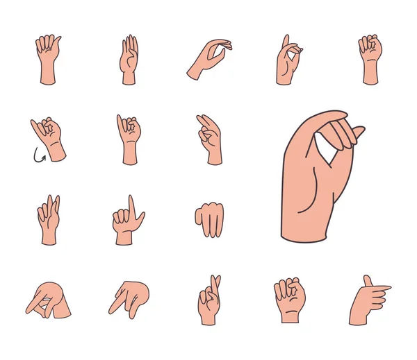 Línea de alfabeto de lenguaje de señas de mano y estilo de relleno conjunto de iconos de diseño vectorial — Vector de stock