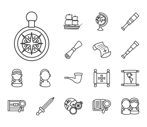Christopher Columbus Mann Linie Stil Sammlung von Symbolen Vektor-Design — Stockvektor