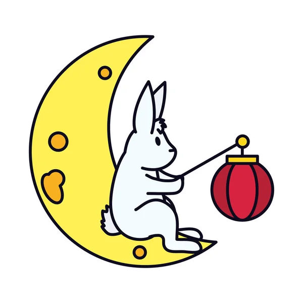 Conceito de meados do outono, coelho sentado na lua com lanterna chinesa, linha e estilo de preenchimento —  Vetores de Stock