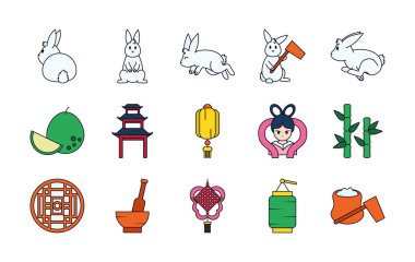 Bambu ve Sonbahar ortası simgesi seti, satır ve doldurma biçimi