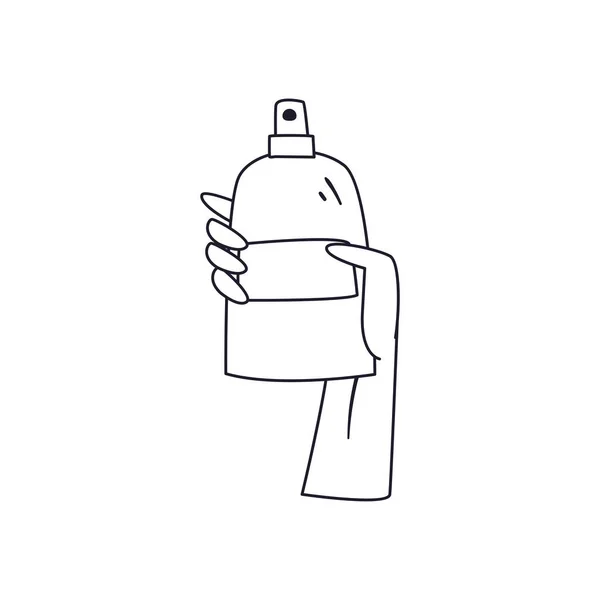 Hand houden ontsmettingsmiddel spray fles lijn stijl pictogram vector ontwerp — Stockvector