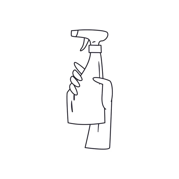 Рука тримає дезінфікуючий спрей пляшки лінії стилю векторний дизайн — стоковий вектор