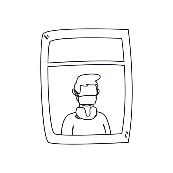 Homem com máscara médica em design de vetor ícone de estilo de linha de janela — Vetor de Stock