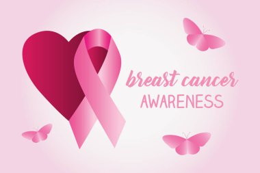 Göğüs kanseri farkındalık tasarımı kalp, kurdele ve kelebekler