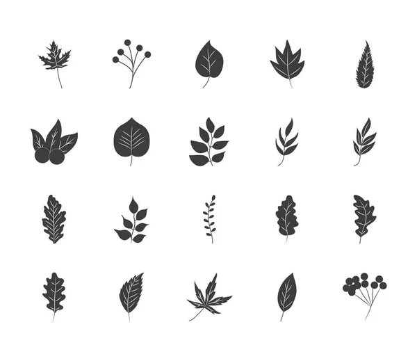 Bayas y hojas de otoño icono conjunto, estilo silueta — Vector de stock