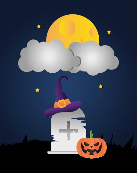 Fröhliches Halloween-Konzept, Grab mit Hexenhut und Kürbis — Stockvektor