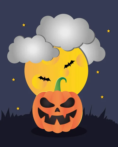 Fröhliches Halloween-Konzept, Halloween-Kürbis und Fledermäuse fliegen über den Vollmond — Stockvektor