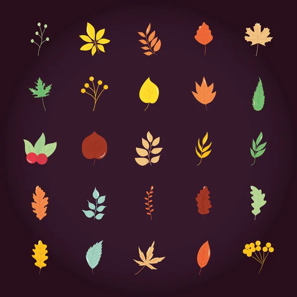 Trockenes Laub und Herbstblätter Icon Set, flacher Stil — Stockvektor